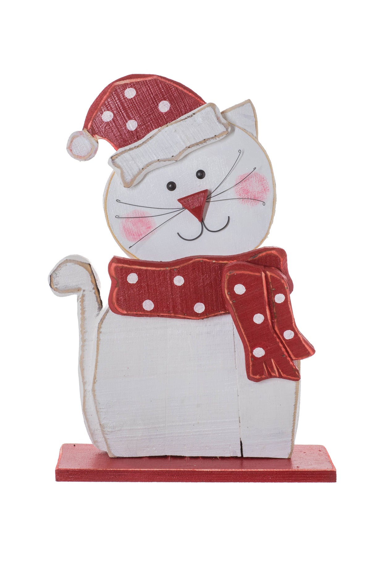 19.75" White and Red Wooden Kitty Standee Dressed For Winter