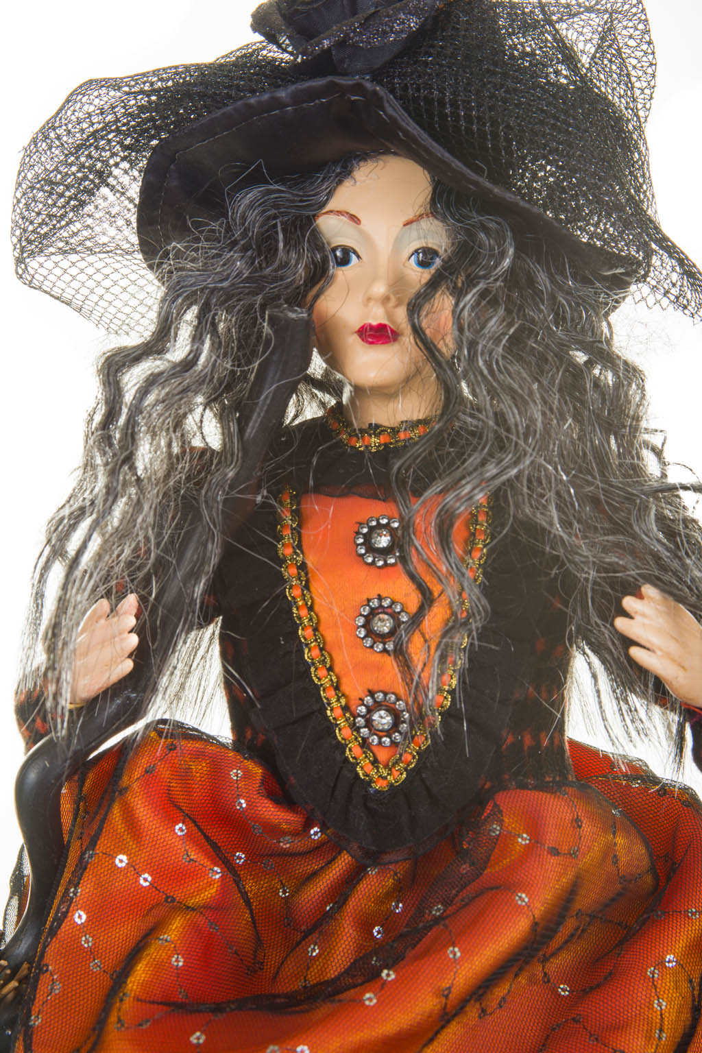 28" Sitting Orange and Black Cloth Compelling Witch Figure with Broomstick