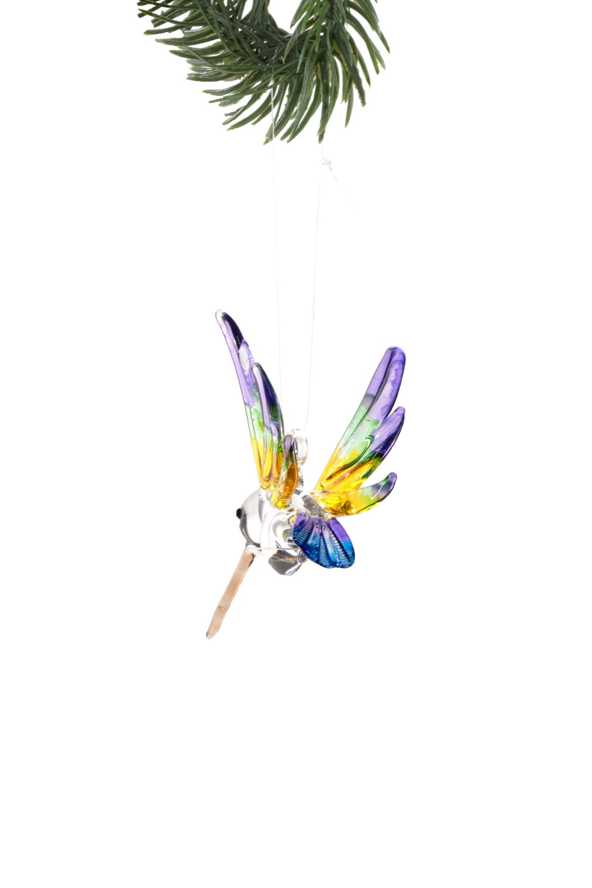 3" Hanging Purple and Yellow Glass Hummingbird Ornament