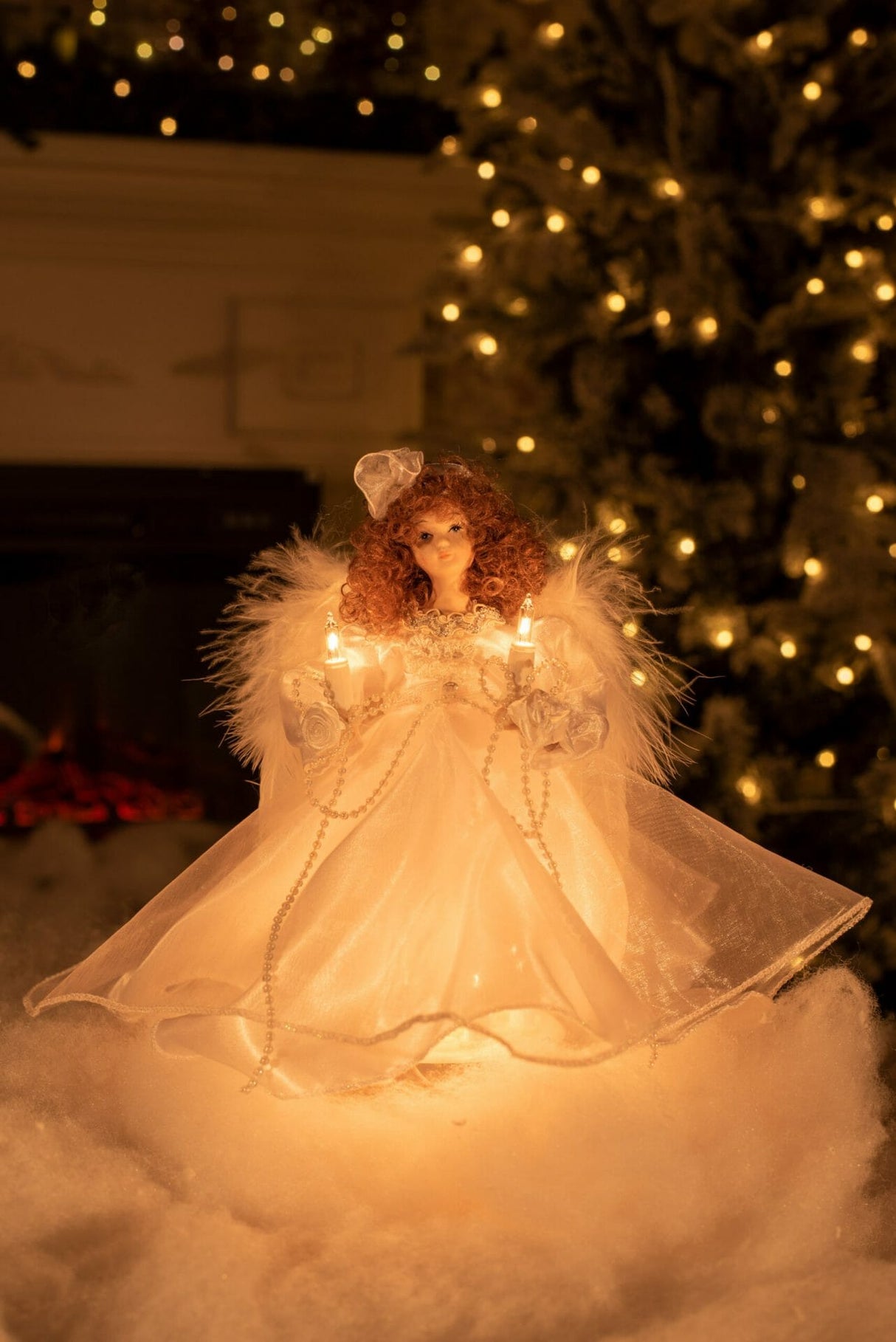 10" White Cloth Small 10-Light Angel Tree Topper with Brown Curly Hair