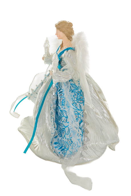 12" Floral Silver and Cerulean Polyester Contemporary Warm White LED Angel Tree Topper