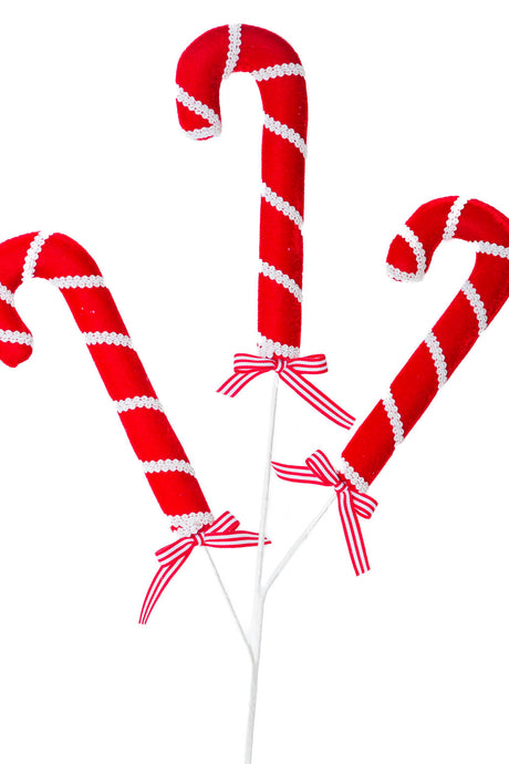 35.5" Candycane Red and White Cloth Candycane Tree Pick with Wrapped Stem