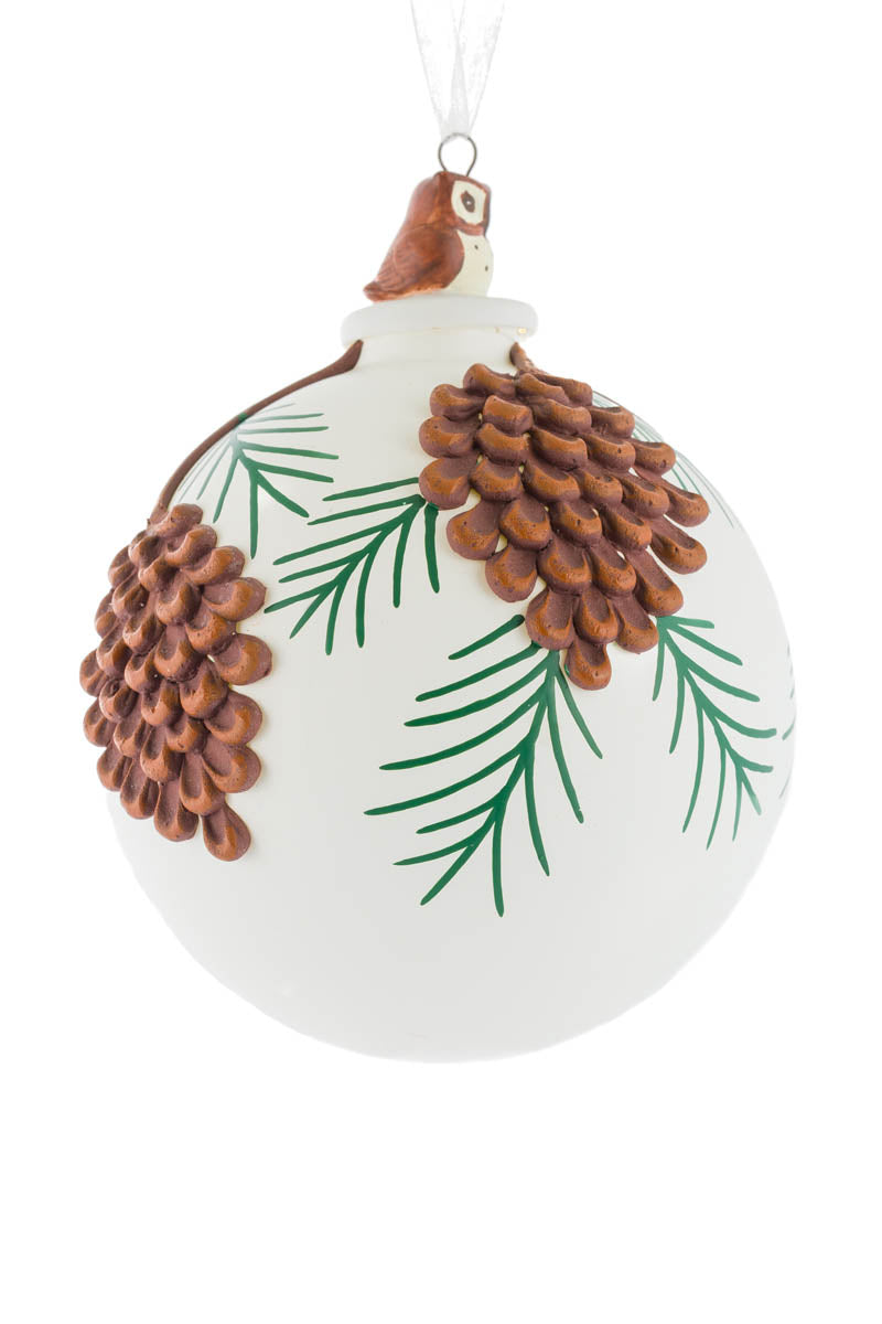 5" Matte White and Brown Glass Pinecone Ornament with Owl Cap