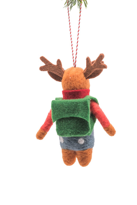 5.25" Hanging Orange and Blue Polylon Reindeer Ornament with Green Backpack