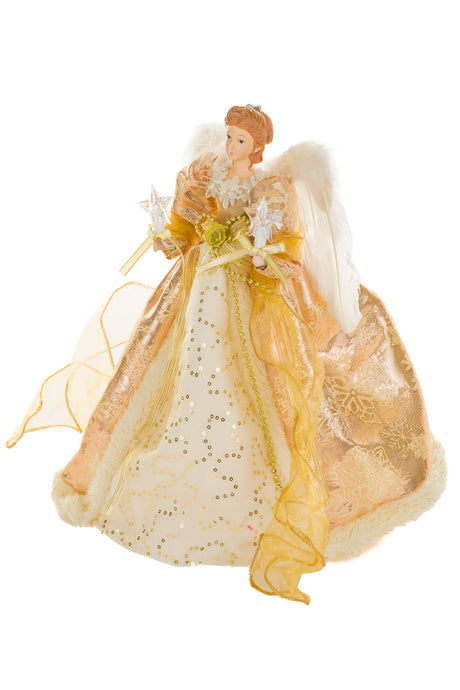 15" Sequin Gold Polyester Majestic Warm White LED Angel Tree Topper