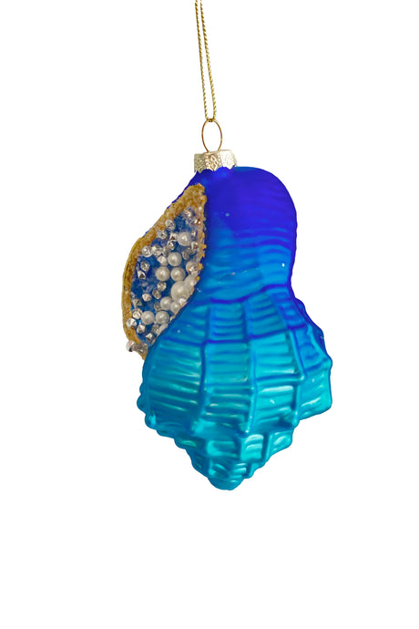 5" Hanging Cyan Glass Conch Shell Ornament