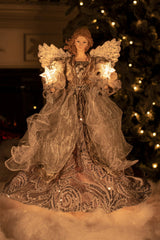 14" Silver Cloth Contemporary 10-Light Angel Tree Topper with Wings