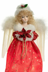9" Red Cloth Small 10-Light Angel Tree Topper with Blonde Curly Hair