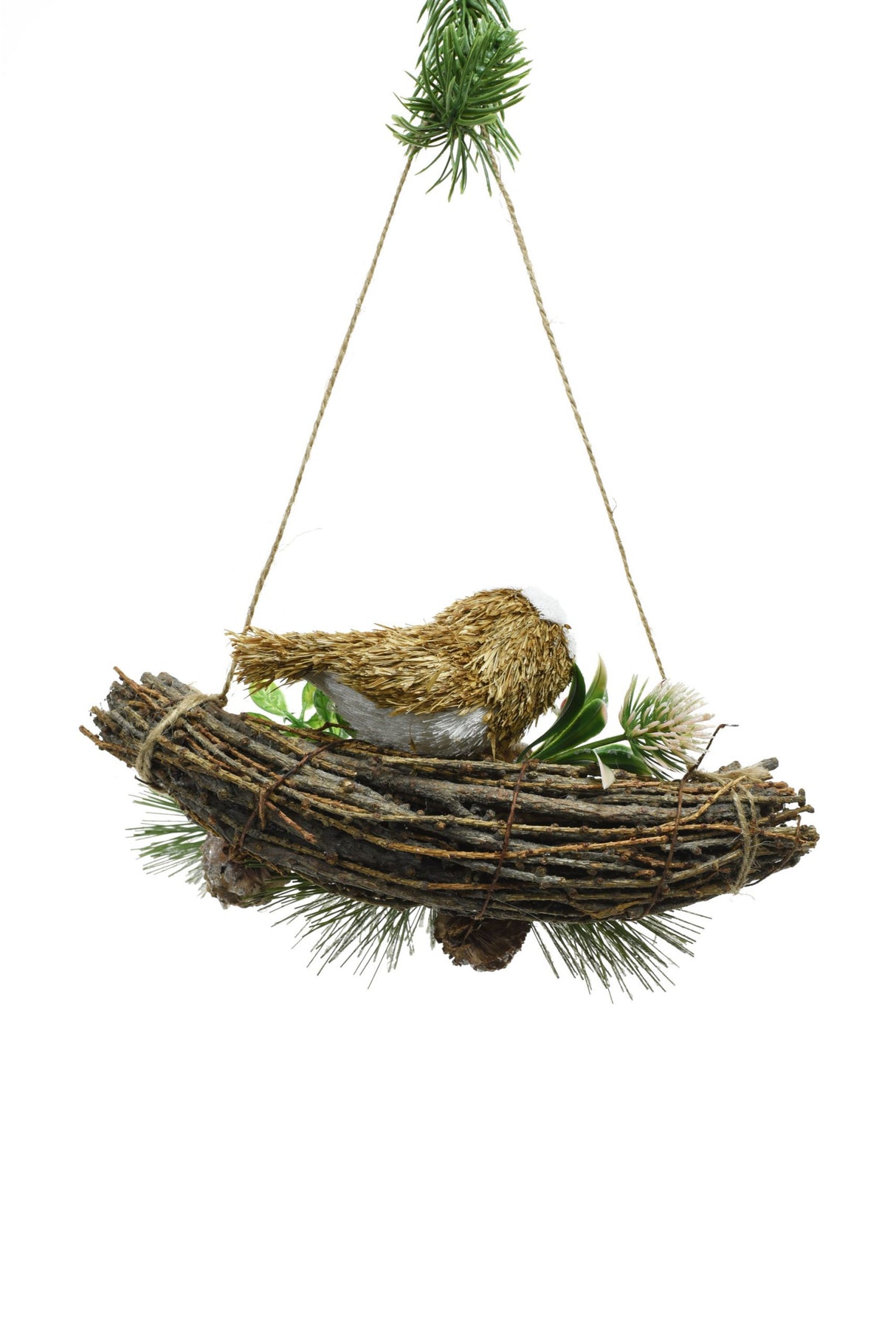 7.5" Hanging Brown Foam Owl Ornament Perched On Holly