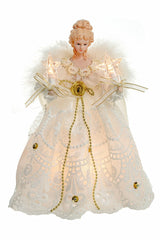 9.5" White Cloth Small Vintage 10-Light Angel Tree Topper with Vintage Linen Skirt