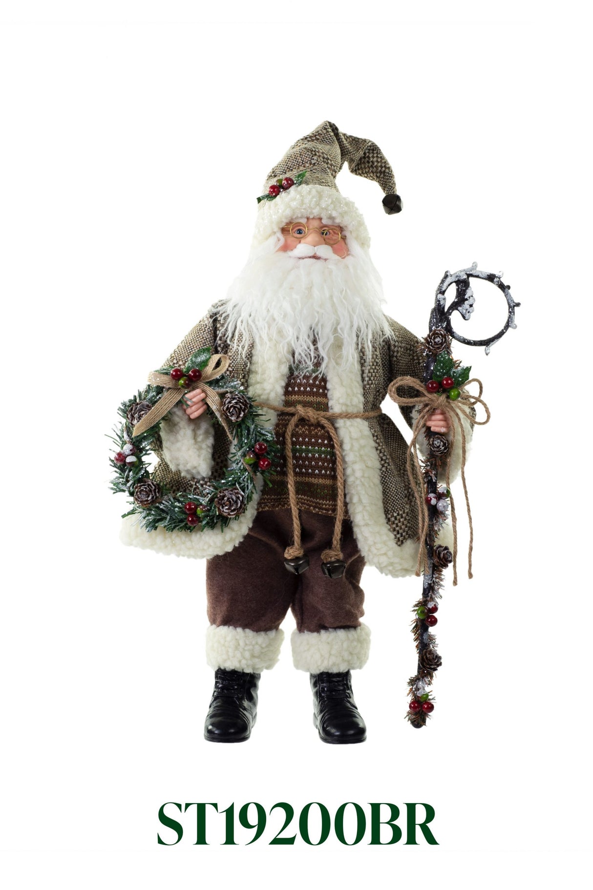 18" Brown and White Cloth Rustic Santa Figurine with Staff and Wreath