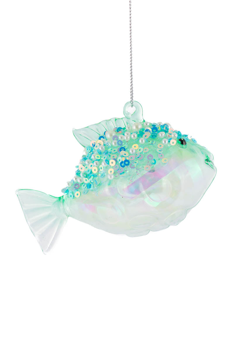3.5" Hanging Sequin Sea Green Glass Ribbon Fish Ornament