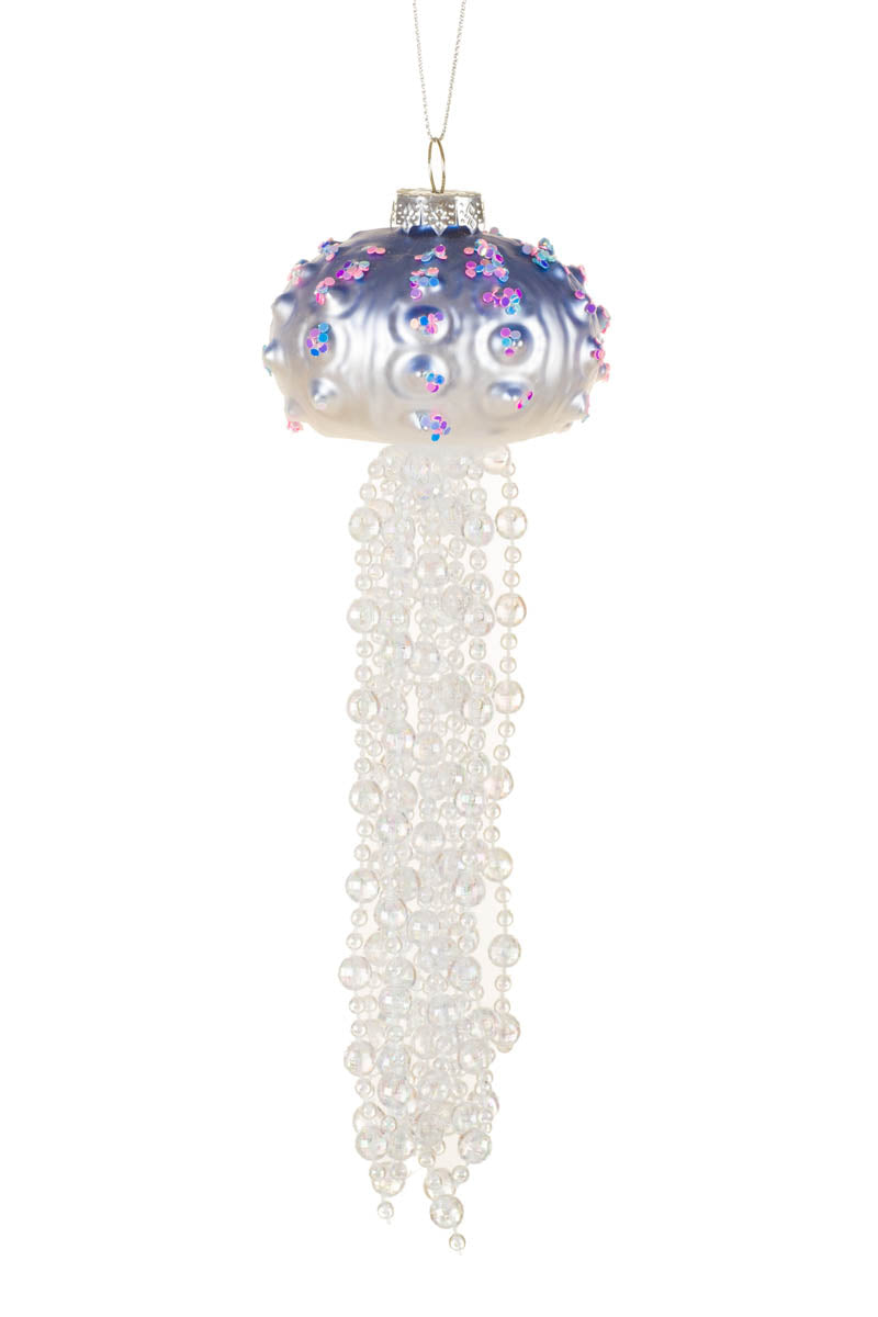 9" Hanging Beaded Steel Blue and Clear Glass Jellyfish Ornament