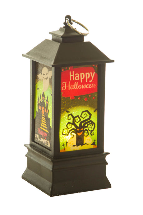 7.5" Hangable Black Plastic Spooky LED Lantern with Haunted House