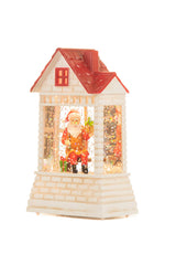 12.5" Mini White and Red Plastic Brick House Warm White LED Snow Globe with Santa Painting