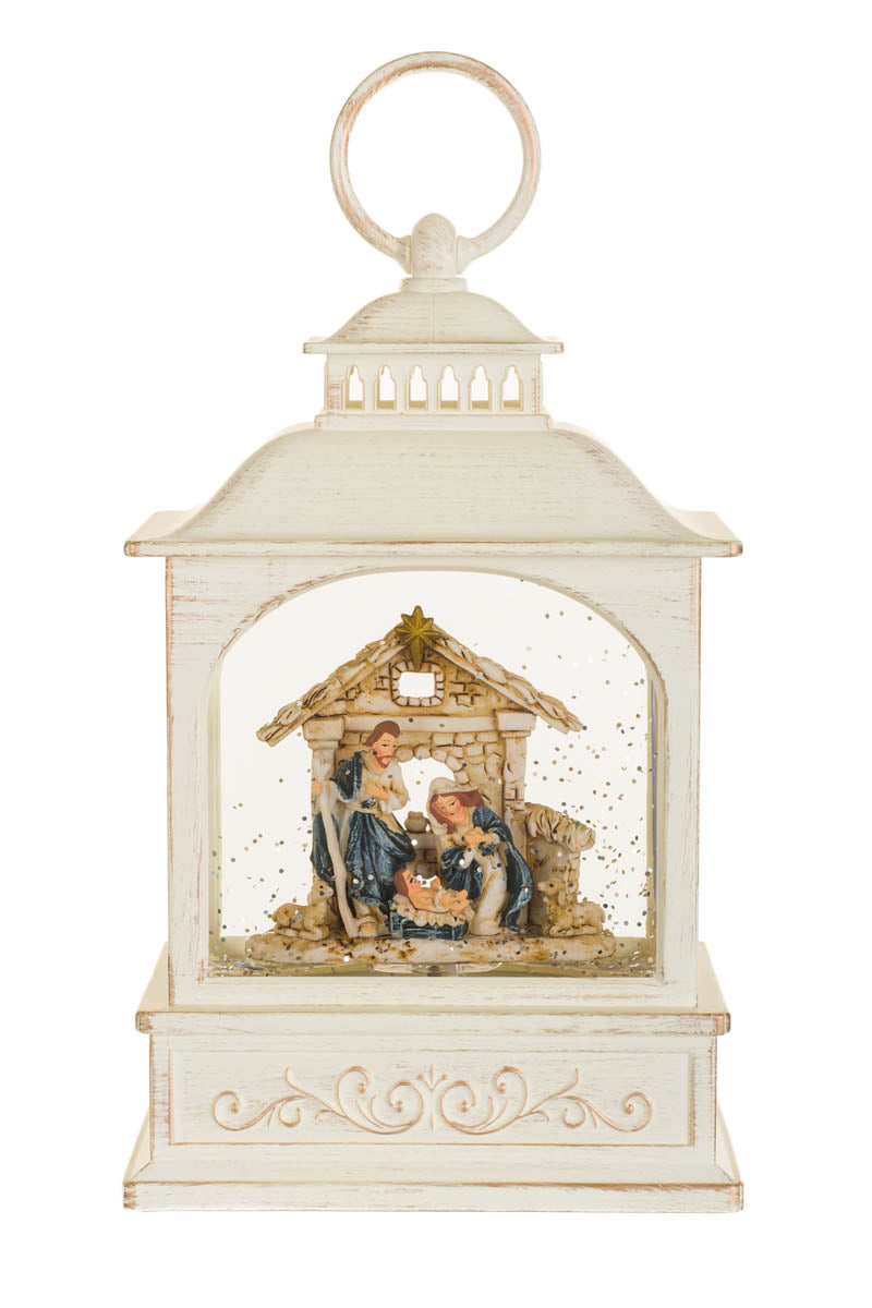 8.5" Musical White Plastic Lantern Warm White LED Snow Globe with Nativity Scene