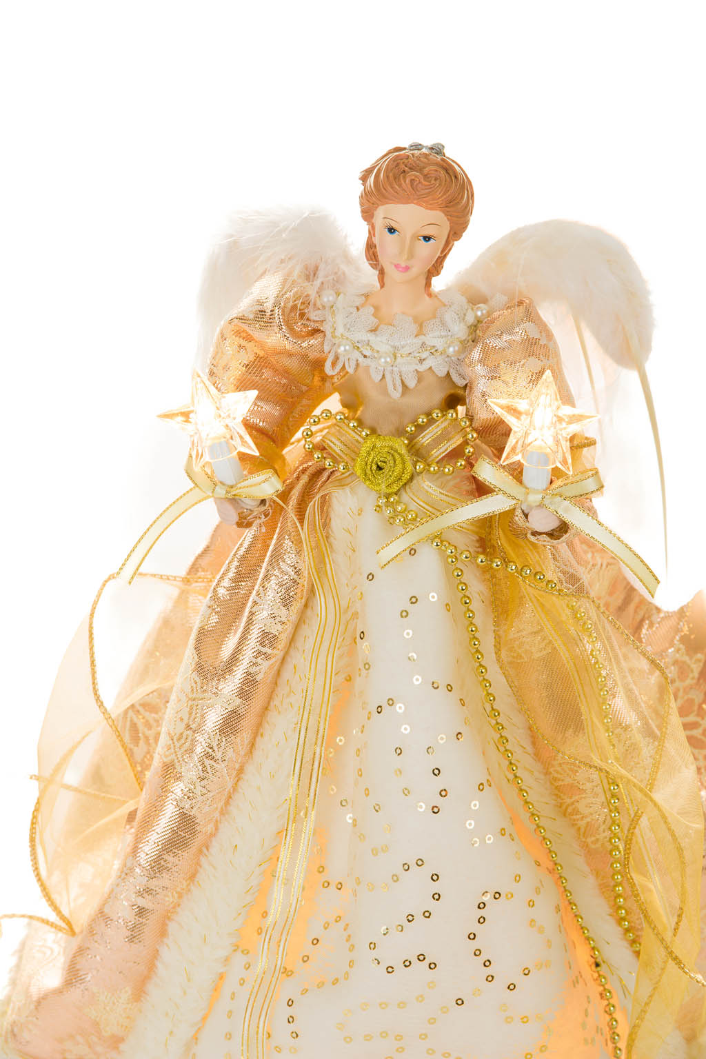 15" Sequin Gold Polyester Majestic Warm White LED Angel Tree Topper