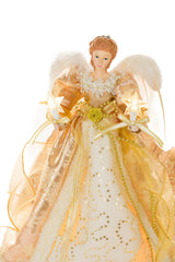 15" Sequin Gold Polyester Majestic Warm White LED Angel Tree Topper