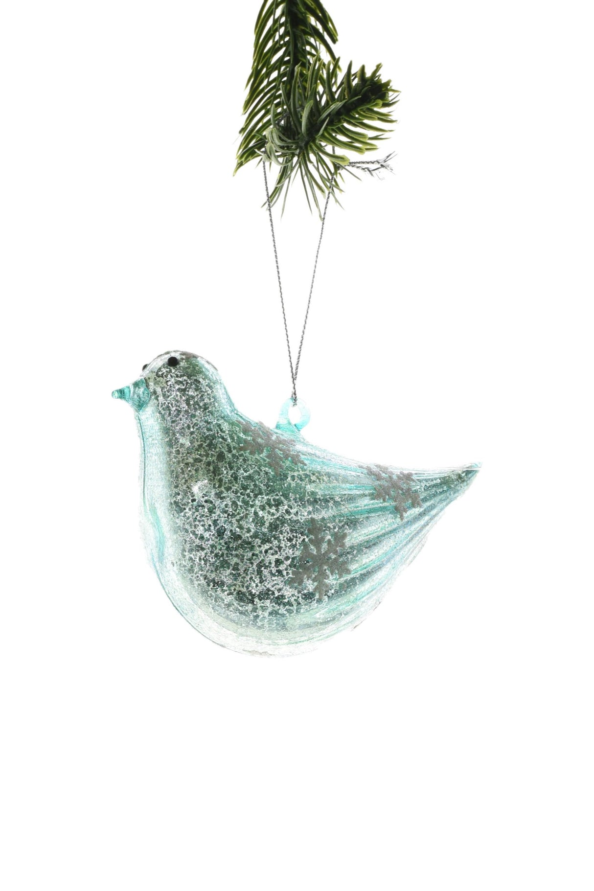 4" Hanging Aqua Glass Bird Ornament with Snowflakes Pattern