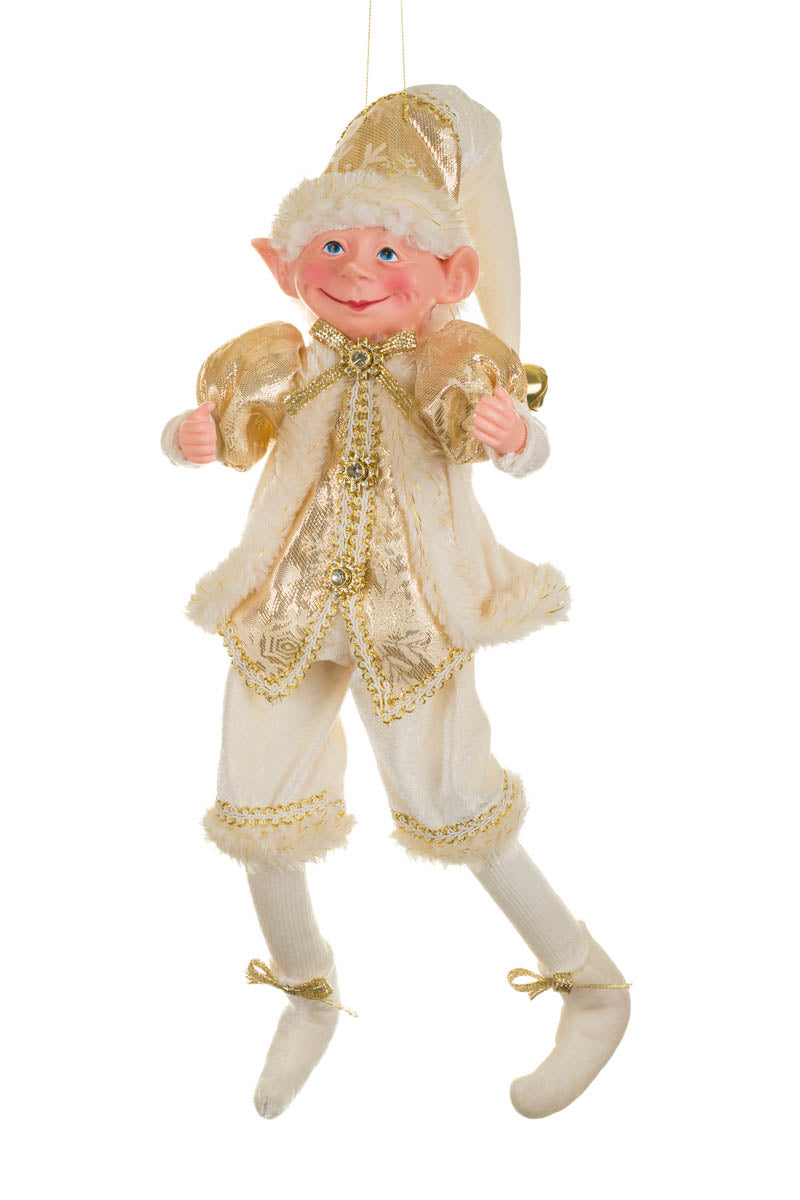 17" Hangable Ivory and Gold Fabric Festive Elf Figurine