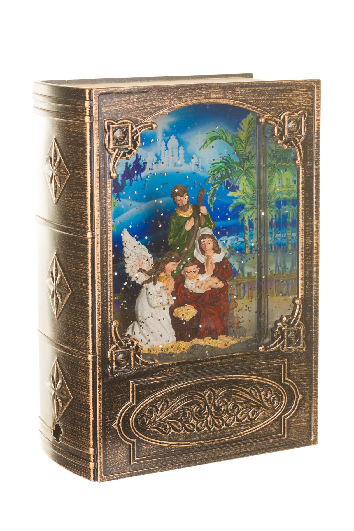 7.5" Musical Brass Glass Bookend LED Snow Globe with Nativity