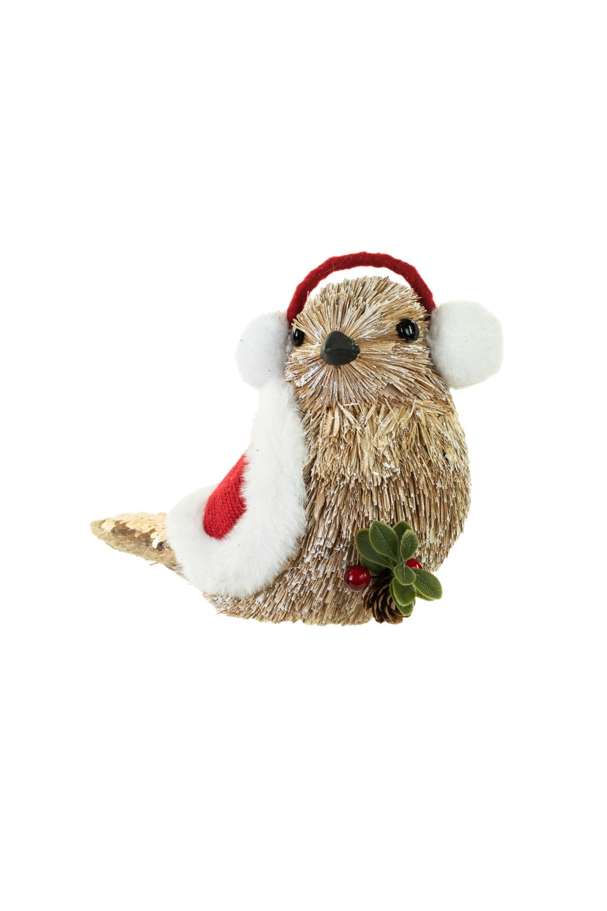 7" Perched Brown Straw Bird Figurine with Earmuffs