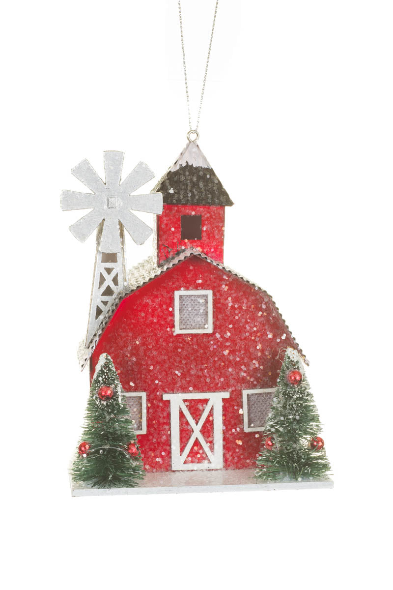 5" Sparkly Red and White Card Gambrel Roof Barn Warm White LED Ornament