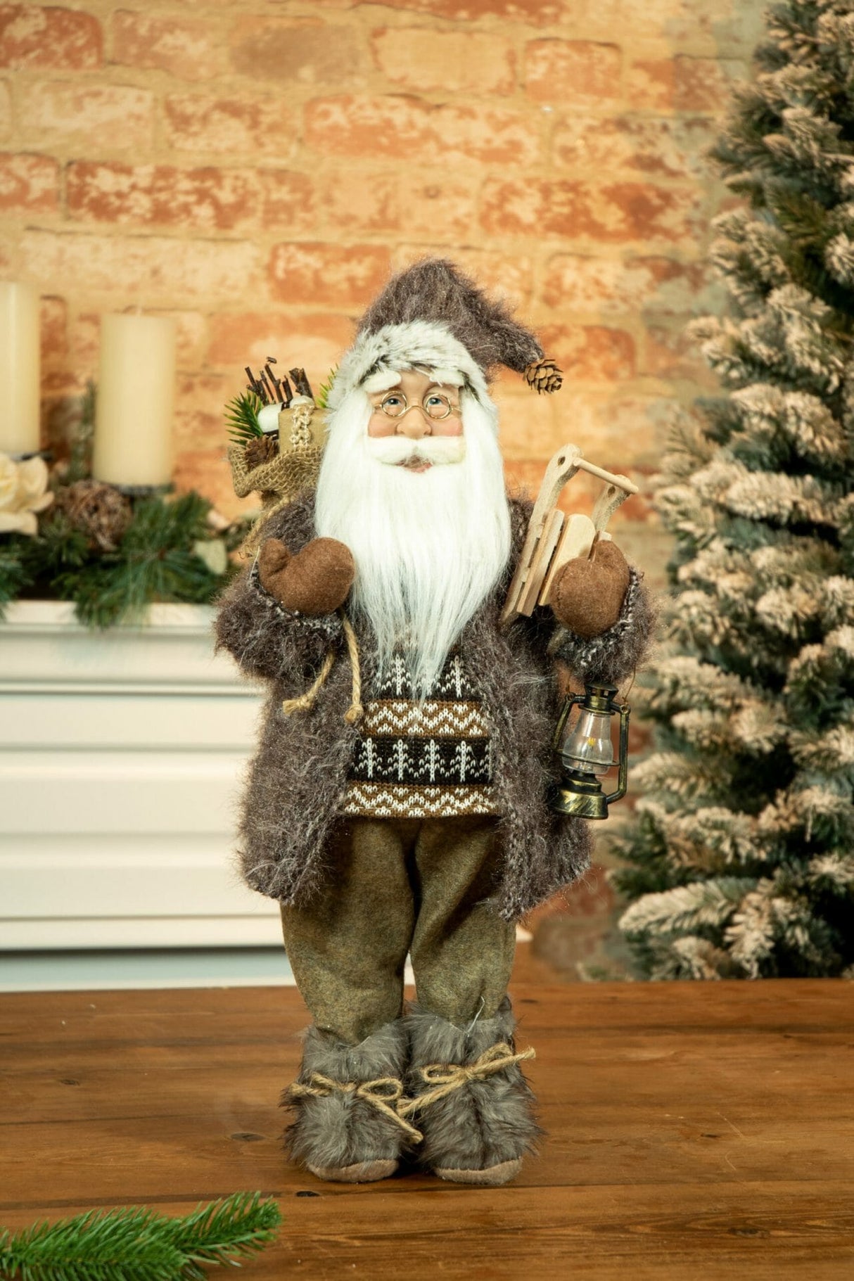 12" Brown Cloth Woodsy Santa Figurine with Lantern