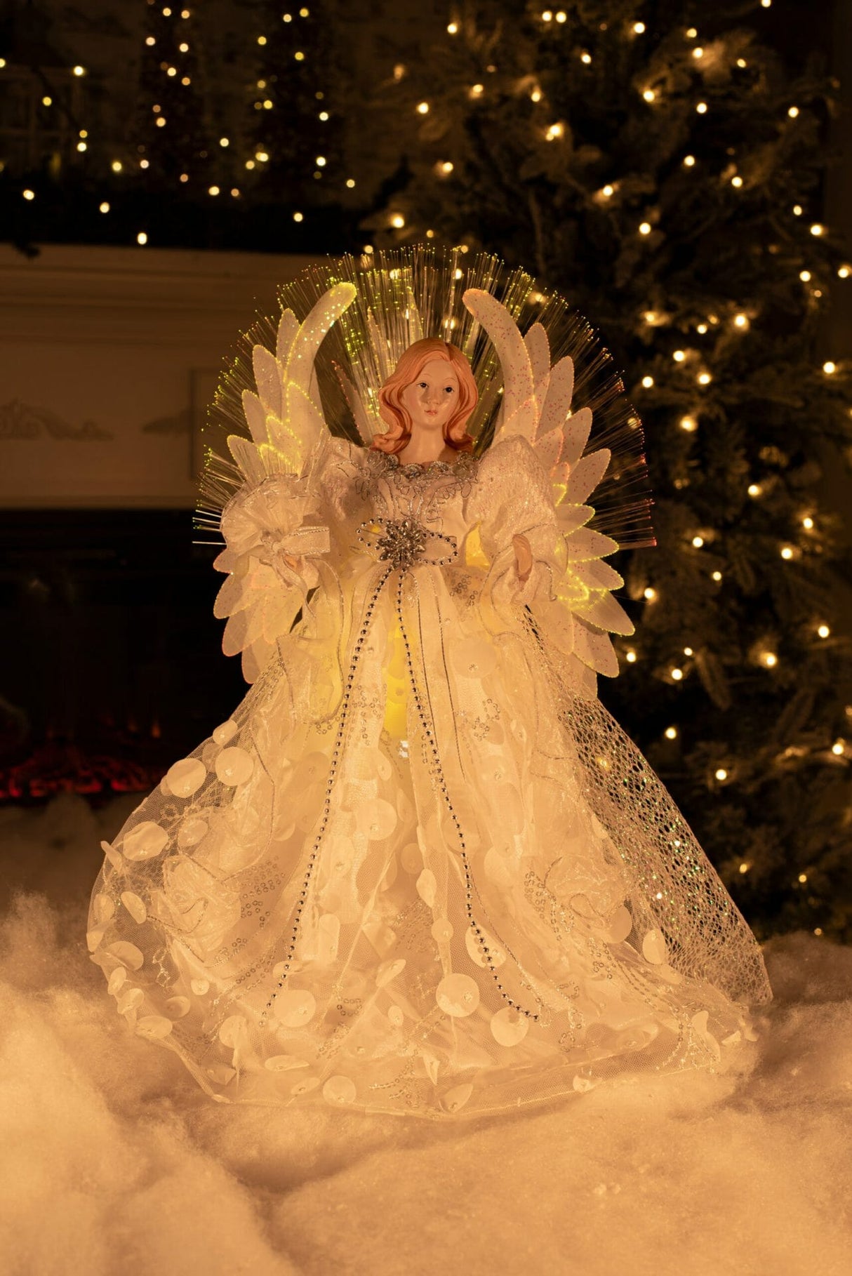 18" White Cloth Modern Fiber Optic Angel Tree Topper with Spotted Dress