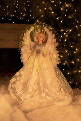 18" White Cloth Modern Fiber Optic Angel Tree Topper with Spotted Dress