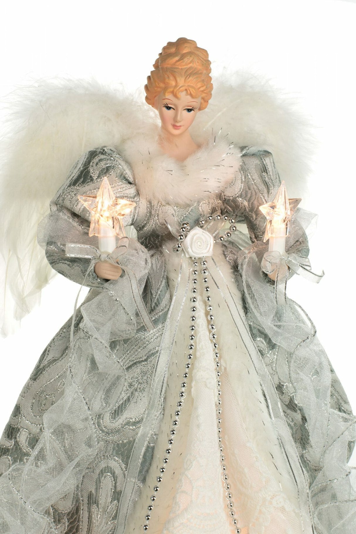 14" Silver and White Cloth Vintage 10-Light Angel Tree Topper with White Fluffy Wings