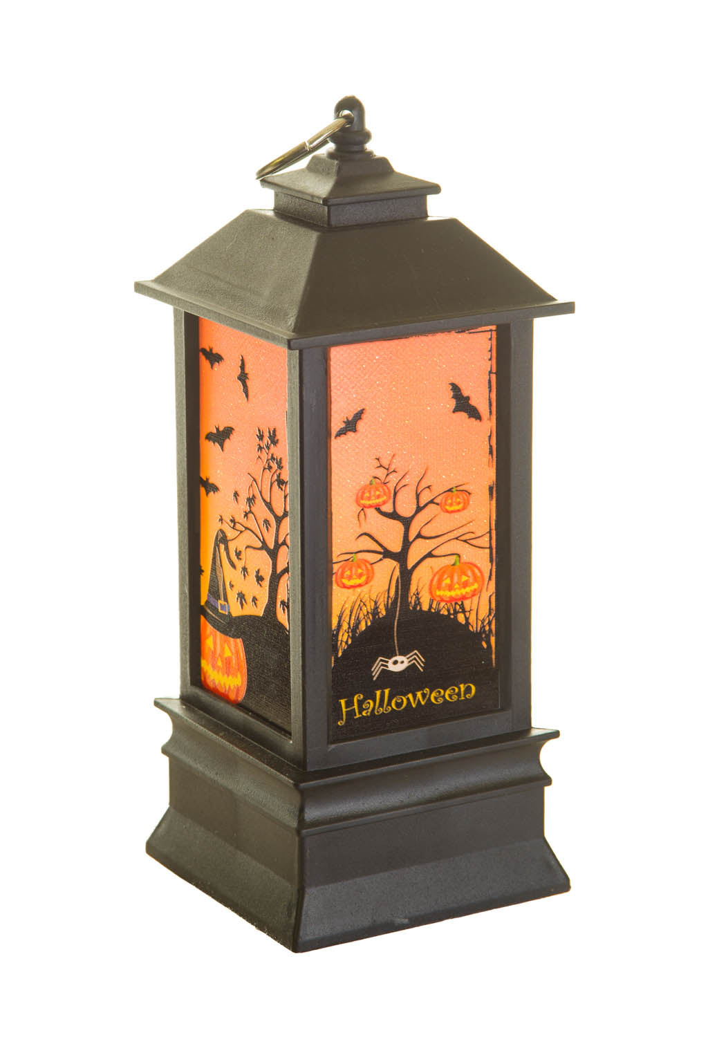 7.5" Hangable Black Plastic Spooky LED Lantern with Pumpkin Tree