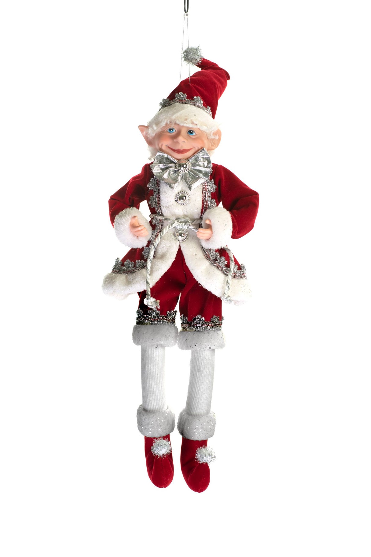 19" Hangable Red and Silver Cloth Fancy Elf Figurine with Posable Hat