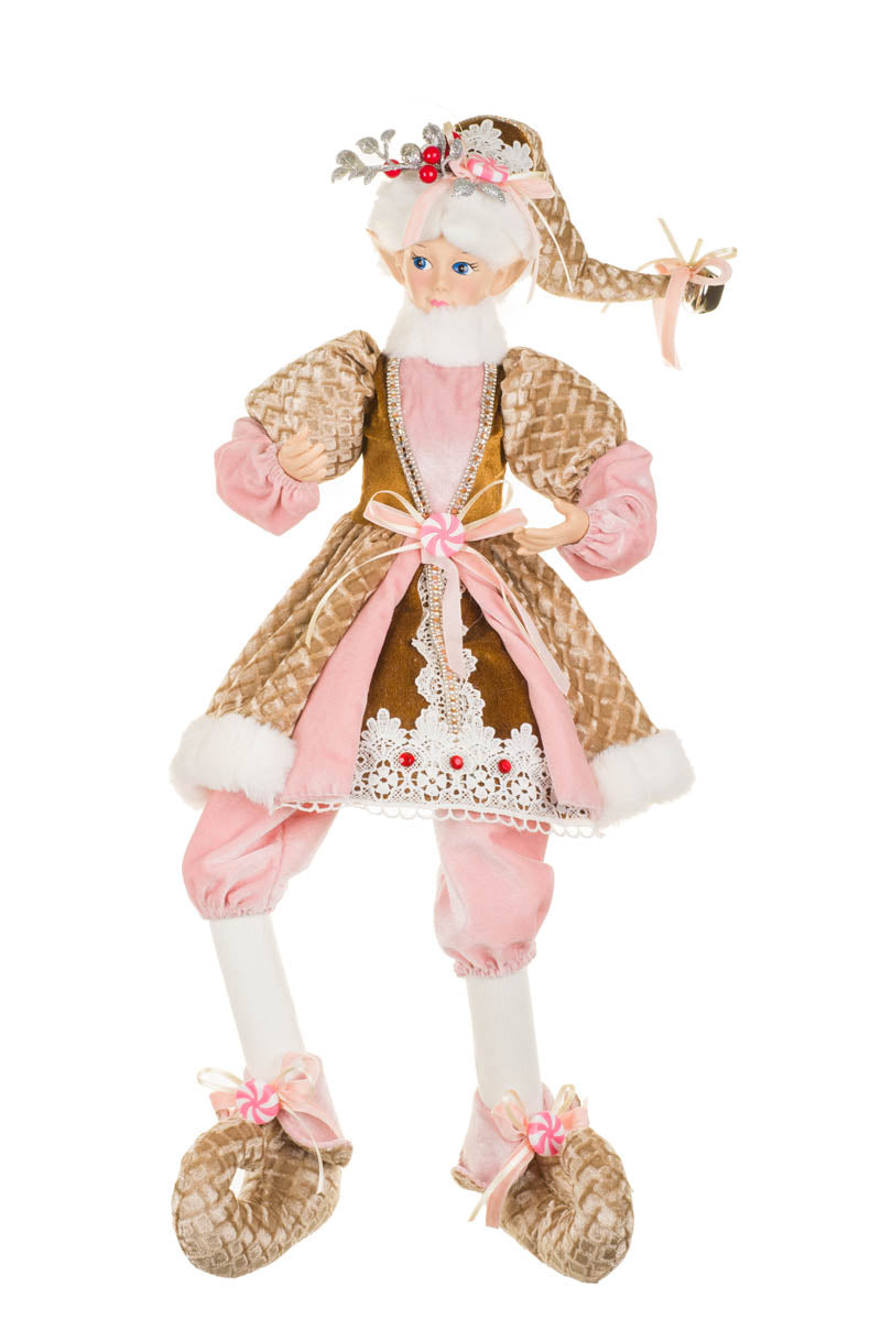 23" Rhinestoned Pink and Gold Fabric Elf Figurine with Doily Accents