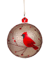 4.3" Hanging Gray and Red Porcelain Ball Ornament with Cardinal