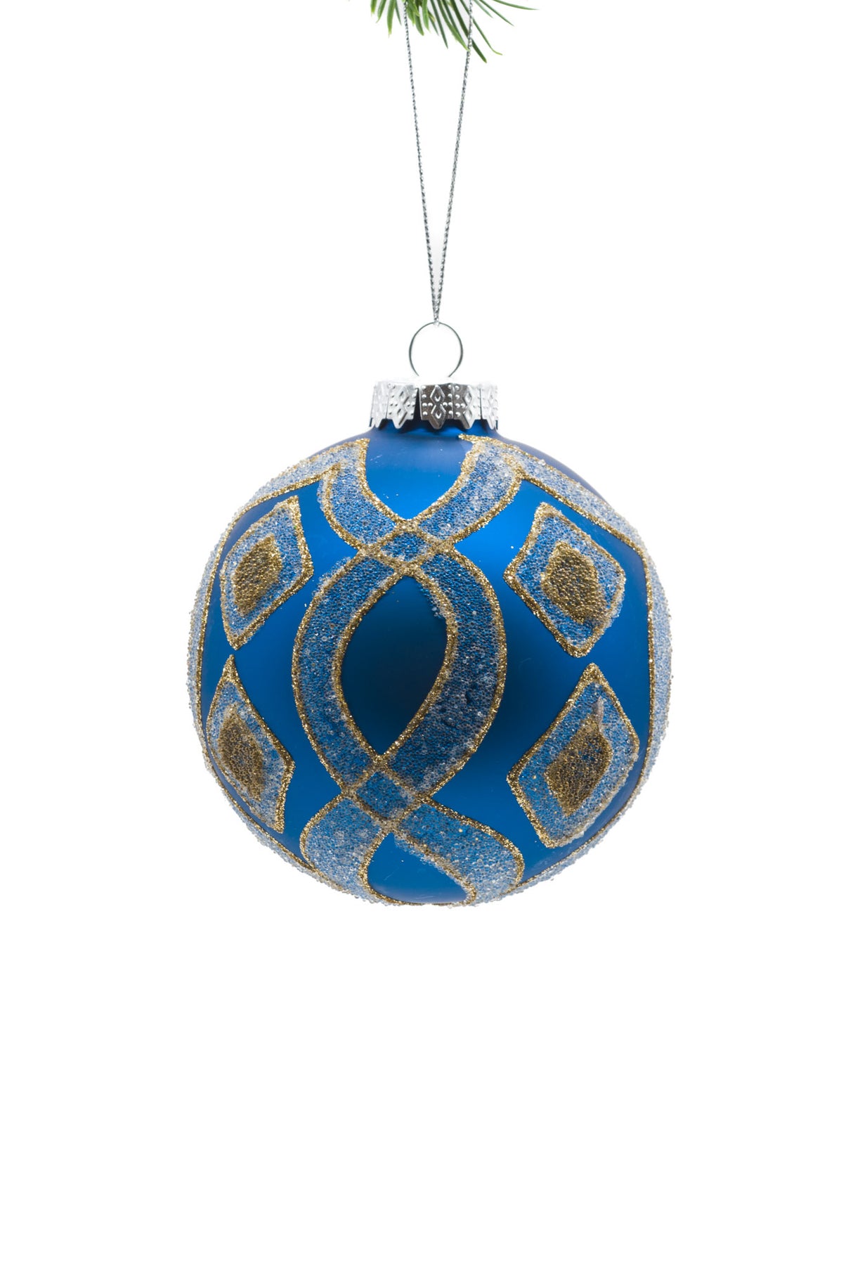 4"Hanging Blue Glass Ball Ornament with Gold Trim