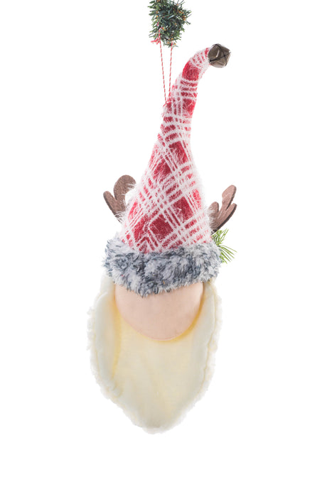 18" Hanging Red and White Cloth Gnome Head with Antler Hat