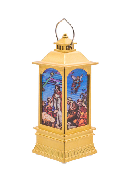 5.25" Small Gold Plastic Christmas Lantern LED Decoration with Nativity