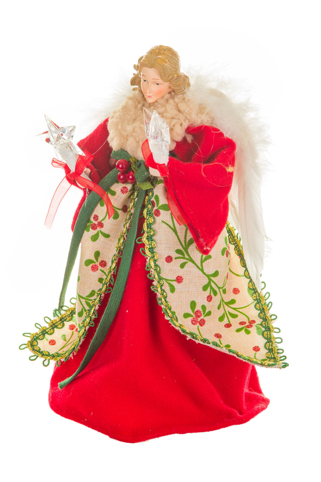 10" Chintz Red and Beige Cotton Cozy Warm White LED Angel Tree Topper
