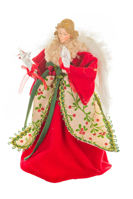 10" Chintz Red and Beige Cotton Cozy Warm White LED Angel Tree Topper