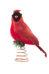 11" Red Feathered Cardinal Tree Topper with Holly