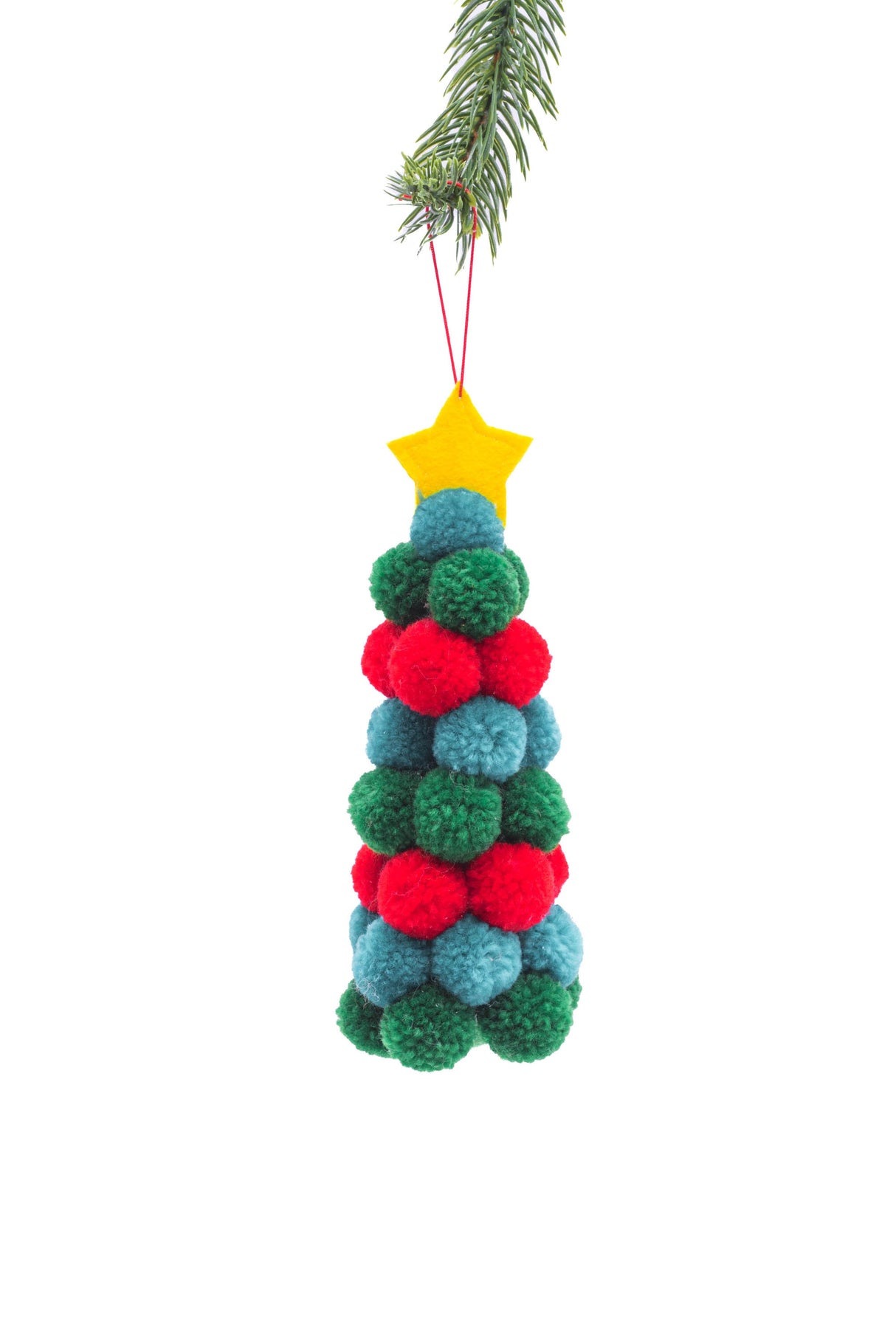 7" Hanging Green and Red Cloth Pom-Pom Tree Ornament with Gold Star