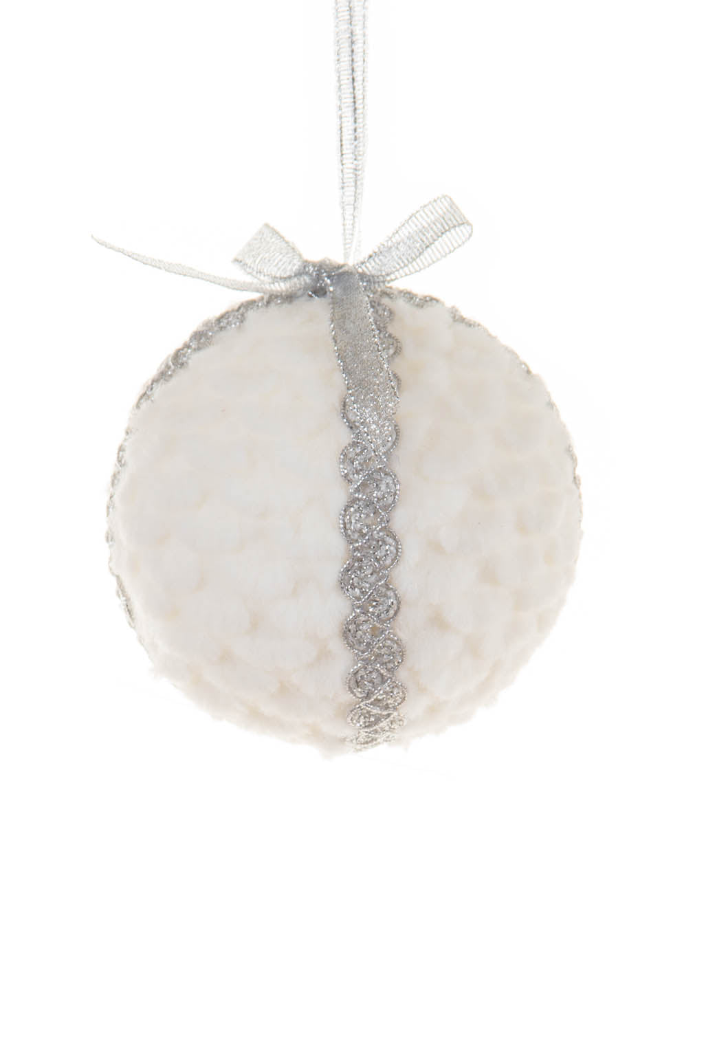 4" Hanging White and Silver Cotton Fuzzy Snowball Ornament with Sparkly Wrapping