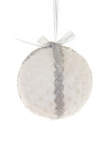 4" Hanging White and Silver Cotton Fuzzy Snowball Ornament with Sparkly Wrapping