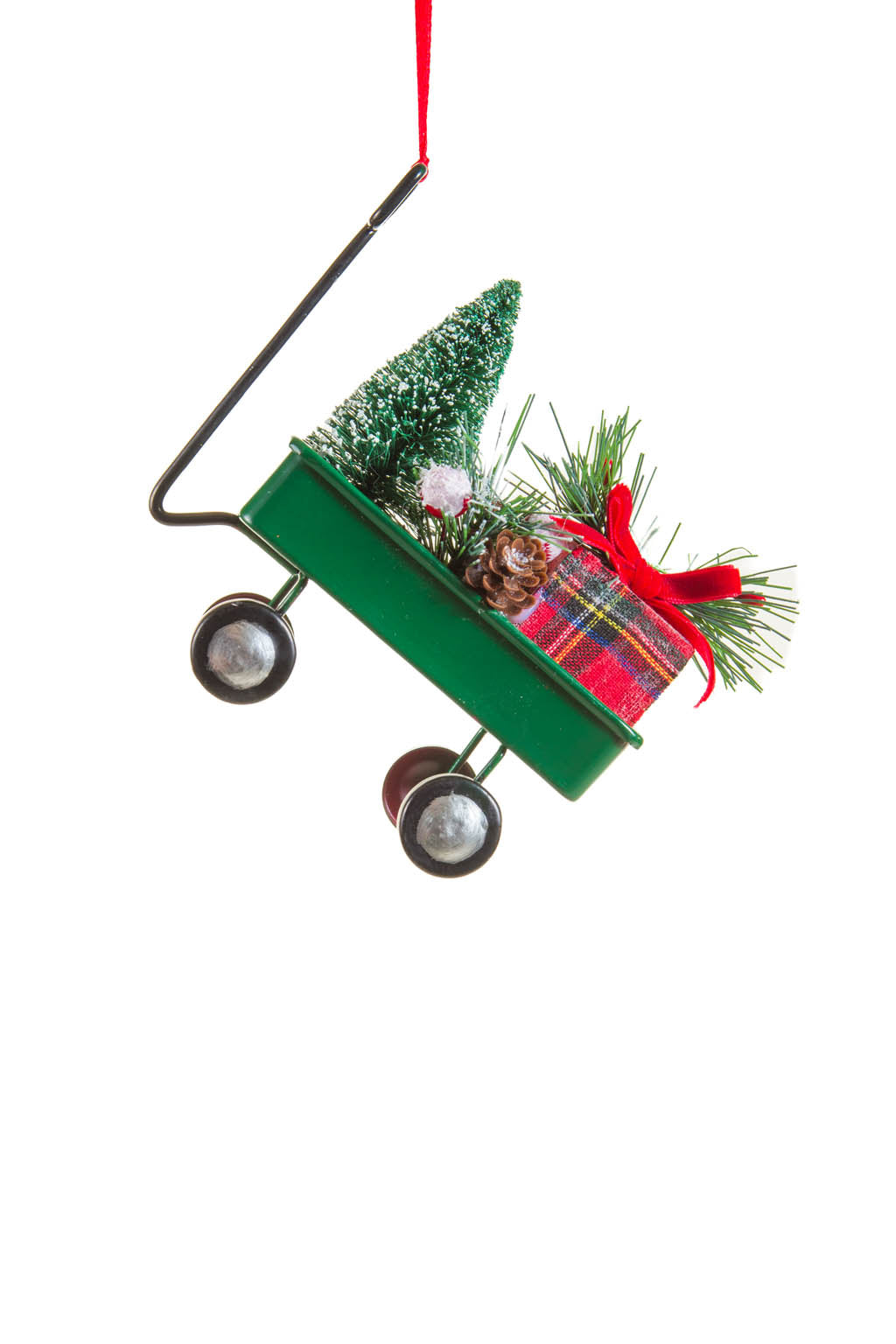 4.5" Hanging Green and Red Metal Wagon Ornament Hauling Christmas Tree