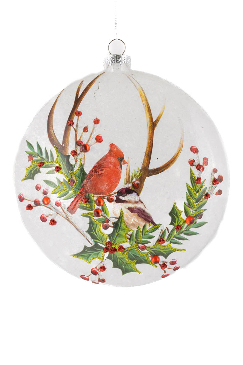 6.25" Snow-Filled Hanging Clear Glass Bird Medallion Ornament