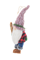 13.5" Hanging Buffalo Plaid Red and Brown Cloth Gnome Ornament with Snowshoes