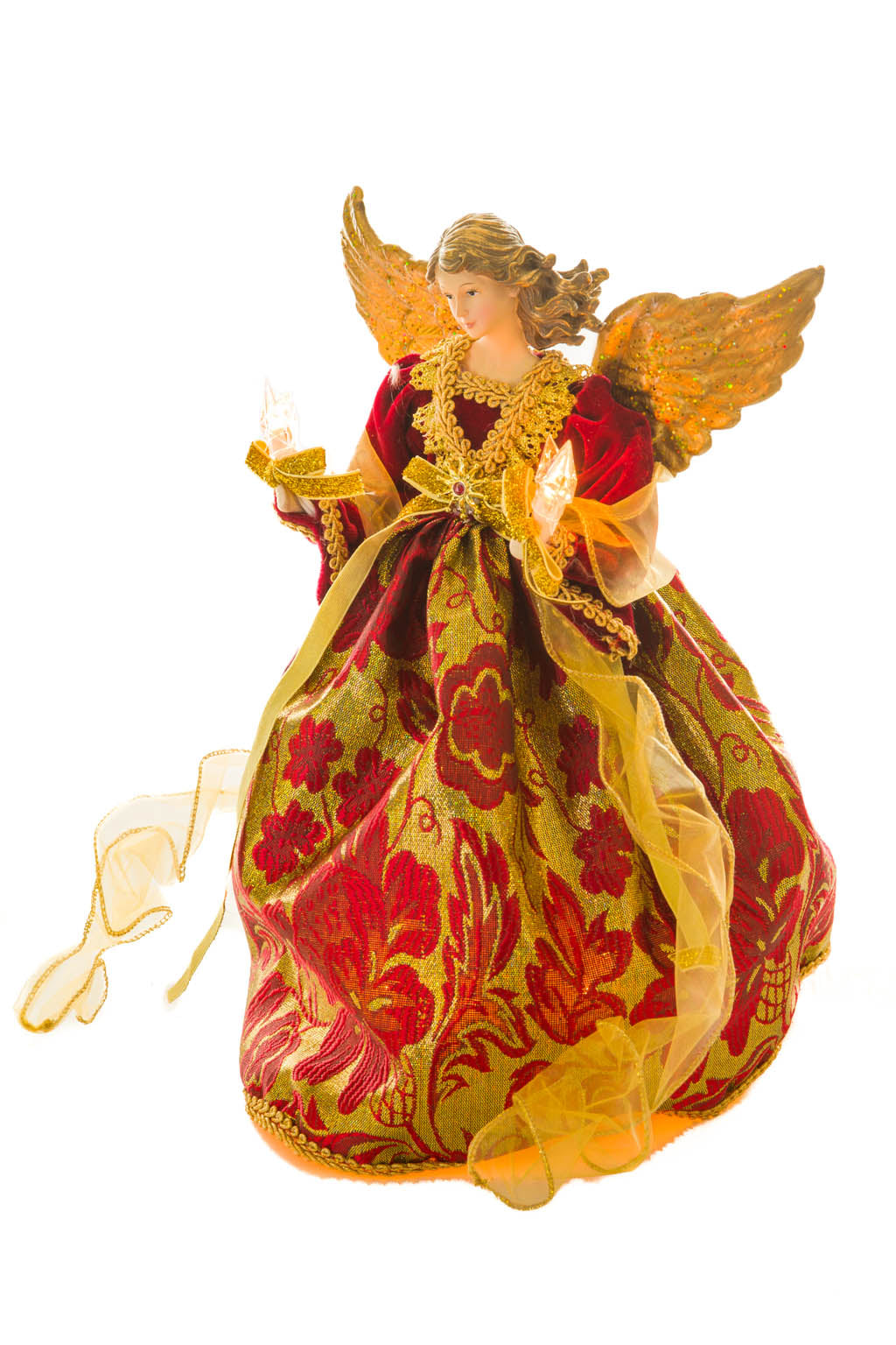 15" Sequin Red and Gold Polyester Luxurious Warm White LED Angel Tree Topper with Golden Accents