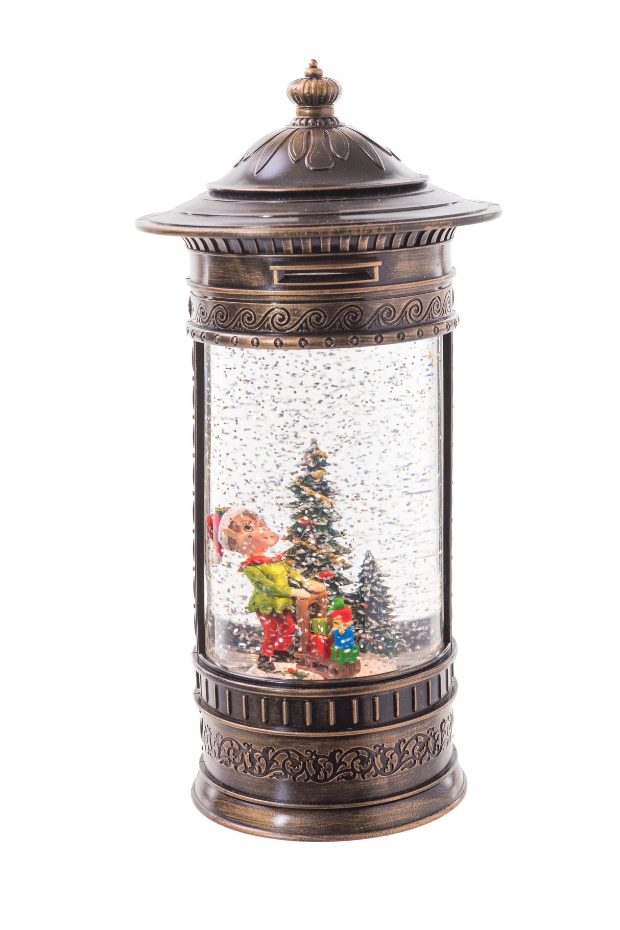 10.5" Brown Plastic English Mailbox LED Snow Globe with Working Elf
