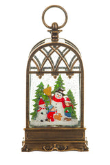11" Brass Plastic Birdcage Warm White LED Snow Globe with Snowman and Swirling Glitter